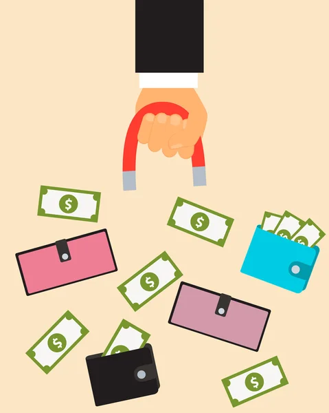 Customer acquisition. Hand with a magnet and a purse with money. Vector illustration — Stock Vector