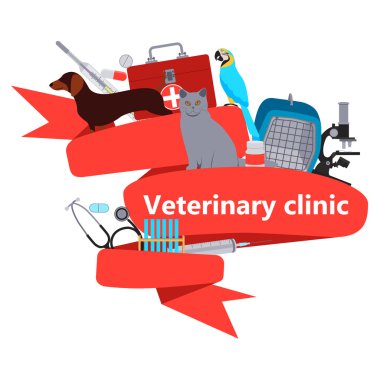 Kırmızı kurdele veteriner. İçin cihazlar ve veteriner Kliniği. Vektör çizim