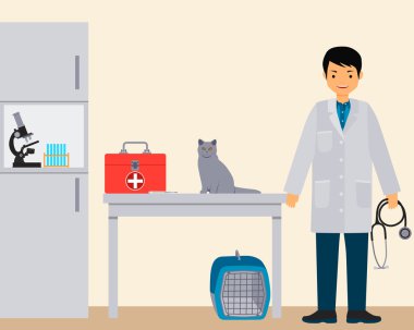 Veteriner Hekim veteriner kliniğinde. Vektör çizim