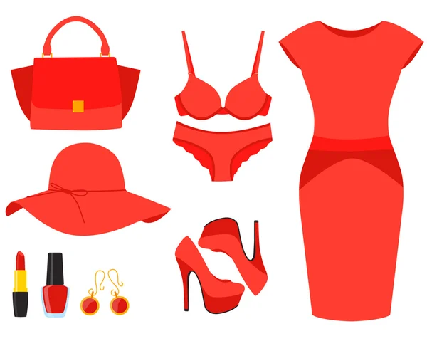 Pon ropa roja. Vestido, zapatos y bolso. Ilustración vectorial — Vector de stock