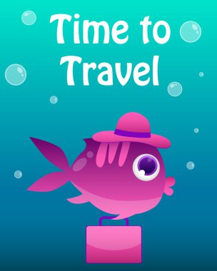 Seyahat zamanı geldi. Bir bavul tutan bir şapkayla balık. Vektör çizim