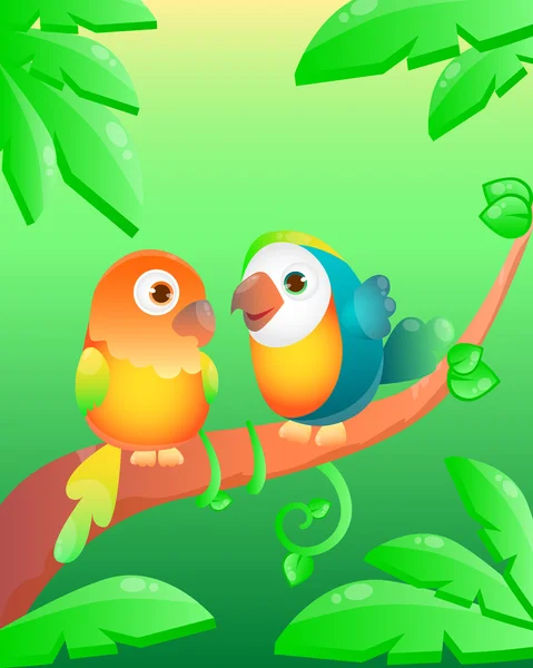Par söt papegoja på djungeln bakgrund. Vektor illustration — Stock vektor