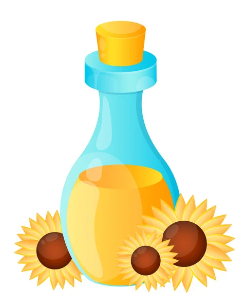 ひまわり油。ボトルと花です。ベクトル図 — ストックベクタ