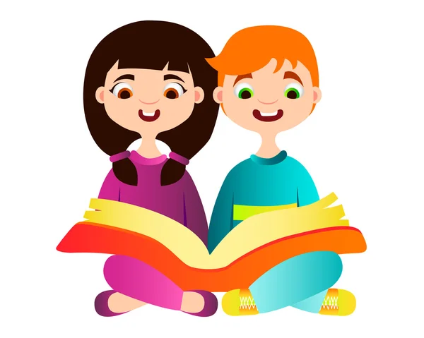 Anak-anak membaca buku. Cowok dan cewek. Ilustrasi vektor - Stok Vektor