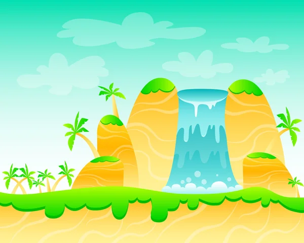 Cachoeira e palmeiras. Design de Jogo. Ilustração vetorial — Vetor de Stock
