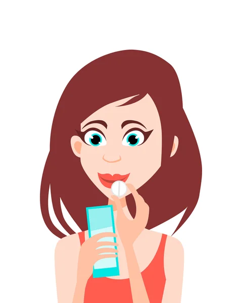 Vrouw met een glimlach eet een pil en een glas water te houden. Vectorillustratie — Stockvector