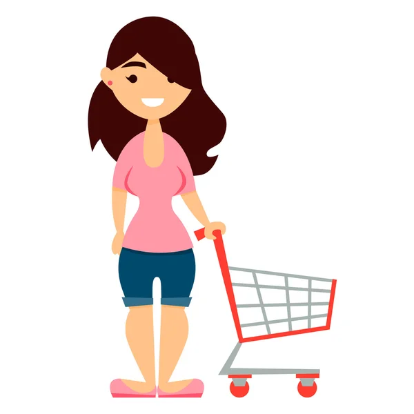 Mujer linda con carrito de compras aislado sobre fondo blanco. Ilustración vectorial — Vector de stock