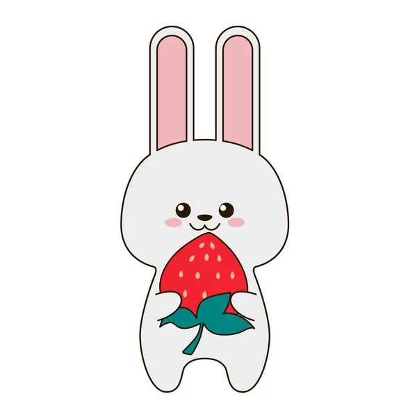 Bonito pequeno coelho abraça morangos. Design plano para cartaz ou camiseta. Ilustração vetorial — Vetor de Stock