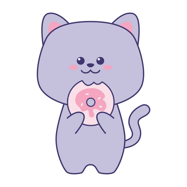 Chat Mignon Tenant Donut Isolé Sur Fond Blanc Design Plat — Image vectorielle