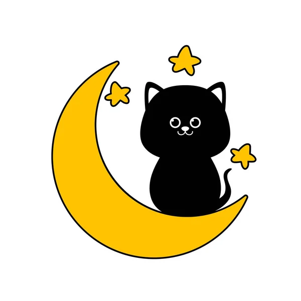 Gato preto sentado na lua. Design plano para cartaz ou camiseta. Ilustração vetorial — Vetor de Stock