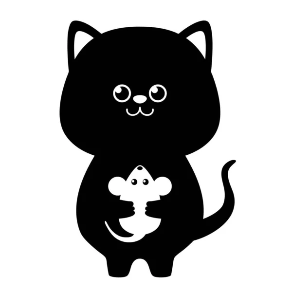 猫の黒のシルエットは、マウスを抱いている。ポスターやTシャツのためのフラットデザイン。ベクターイラスト — ストックベクタ