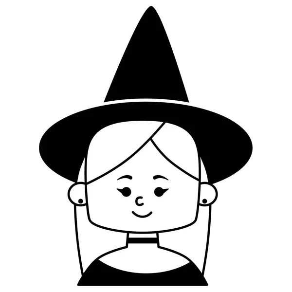ラインアート白い背景に隔離された帽子をかぶってかわいい女の子の魔女 ポスターやTシャツのためのフラットデザイン ベクターイラスト — ストックベクタ