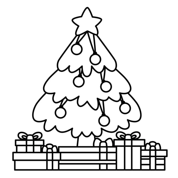 Black Line Art Christmas Tree Gifts Isolated White Background Flat — Stock Vector