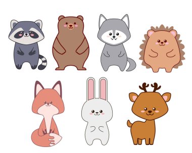 Bir grup sevimli orman hayvanı. Poster ya da tişört için düz tasarım. Vektör illüstrasyonu