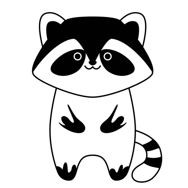 Black line art cute raccoon. Flat design for poster or t-shirt. Vector illustration — Vetor de Stock