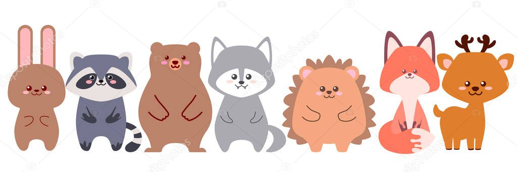Set of cute forest animals in a row isolated on white background. Flat design for poster or t-shirt. Vector illustration