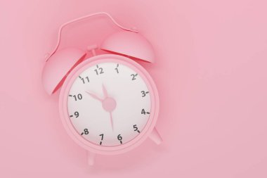 Pembe arkaplandaki çalar saat, mesaj için yer var. 3d oluşturma