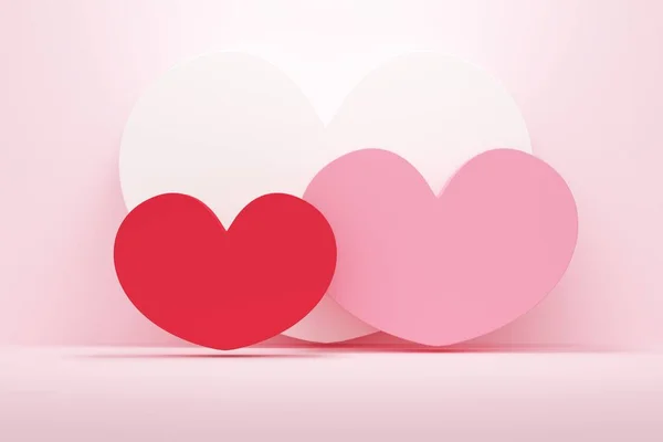 Drei Schwebende Herzen Einem Rosafarbenen Studio Mit Deckenbeleuchtung Darstellung — Stockfoto
