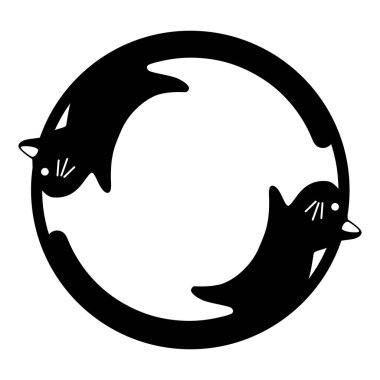 Bir kedinin siyah silueti beyaz arka planda izole edilmiş bir çemberde koşar. Kart ya da tişört için düz tasarım. Vektör illüstrasyonu