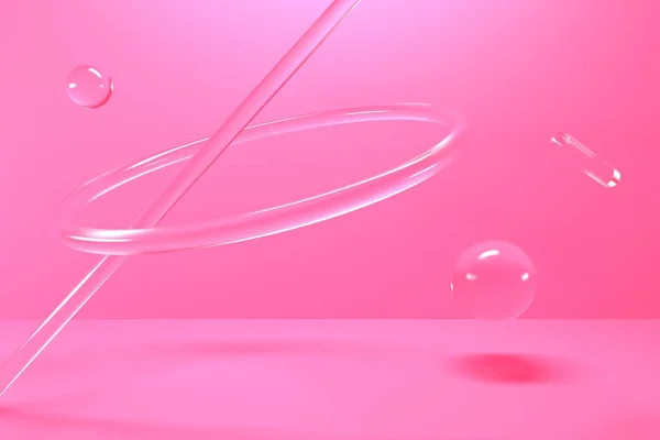 Fundo abstrato rosa com formas brilhantes de vidro em estúdio. Renderização 3d — Fotografia de Stock