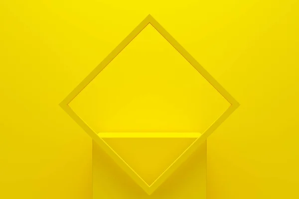 黄色の背景に正方形と表彰台のフレーム 製品プロモーションのための最小限の背景デザイン 3Dレンダリング — ストック写真