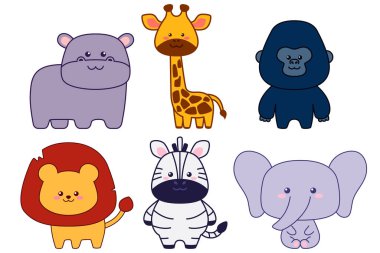 Beyaz bir arka planda izole edilmiş Afrika 'nın sevimli hayvanları. Poster ya da tişört için düz tasarım. Vektör illüstrasyonu