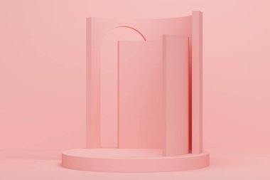 Pembe soyut arka plan, kemer ve yuvarlak podyum. Ürün tanıtımı için fon tasarımı. 3d oluşturma