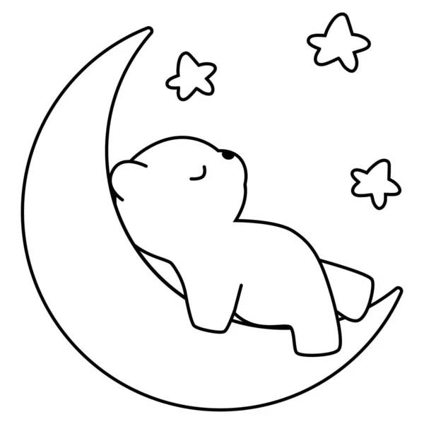 Black Line Kunstbär schläft auf dem Mond. Flaches Design für Poster oder T-Shirt. Vektorillustration — Stockvektor