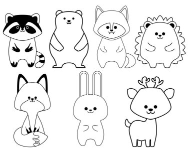 Orman hayvanlarının siyah çizgili sanat seti. Poster ya da tişört için düz tasarım. Vektör illüstrasyonu