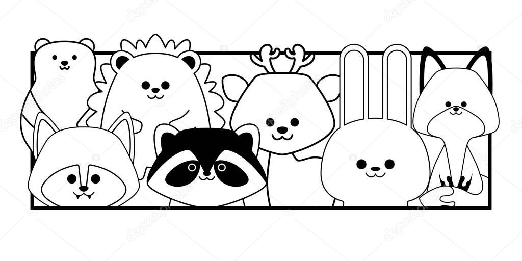Black forest animals in a rectangle isolated on white background. Flat design for poster or t-shirt. Vector illustration