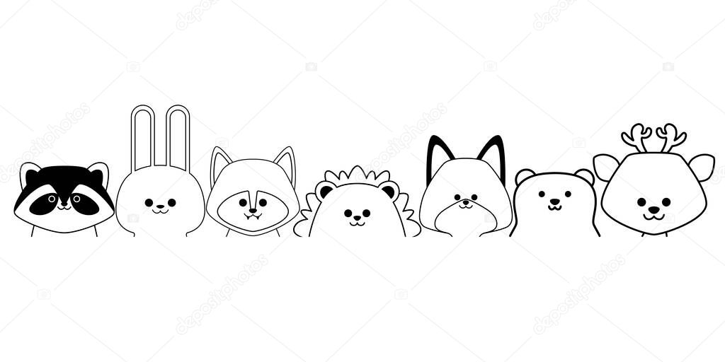 Line art set of forest animals heads isolated on white background. Flat design for poster or t-shirt. Vector illustration