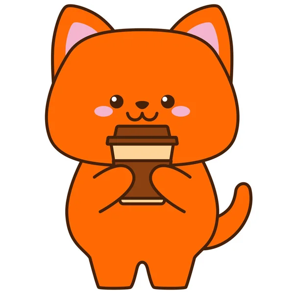 Lindo gato rojo sosteniendo café. Diseño plano para póster o camiseta. Ilustración vectorial — Archivo Imágenes Vectoriales