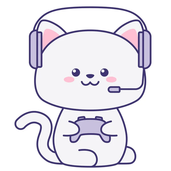 Cat with headphones holding a gamepad. Flat design for poster or t-shirt. Vector illustration — Stock Vector