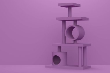 Evcil bir kedi için evi olan leylak rengi bir oda. 3d oluşturma