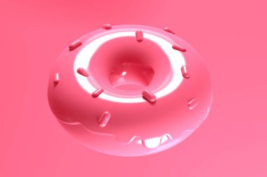 Pembe zemininde pudra olan parlak, tatlı, uçan donutlar. 3d oluşturma