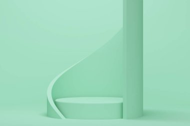 Podyum ve soyut figürlü nane renkli bir oda. 3d oluşturma