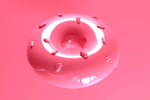 Donuts brilhantes de vidro doce voador com pó sobre fundo rosa. Renderização 3d — Fotografia de Stock