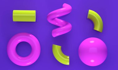 Parlak pembe ve yeşil geometrik şekilli soyut eflatun arkaplan. 3d oluşturma