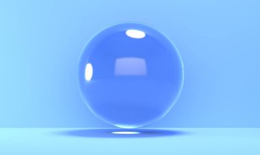 Uçan şeffaf su kabarcığı olan soyut mavi arka plan. Ürün sunumu için geometrik sahne. 3d oluşturma