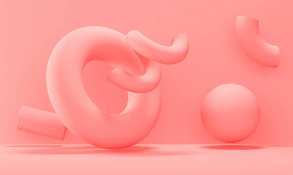 幾何学的形状を飛行する抽象ピンクのスタジオの背景 製品プロモーションのための背景デザイン 3Dレンダリング — ストック写真