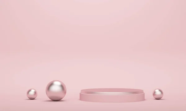 ピンクの背景に金属ボールと円筒形の空の表彰台 製品プロモーションのための背景デザイン 3Dレンダリング — ストック写真
