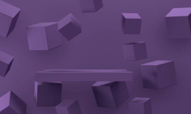 Uçan podyum ve küplerle leylak soyut arka plan. Ürün tanıtımı için fon tasarımı. 3d oluşturma