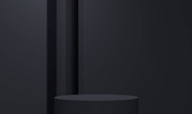 Siyah arka planda silindirik bir podyum. Ürün tanıtımı için minimalist fon tasarımı. 3d oluşturma