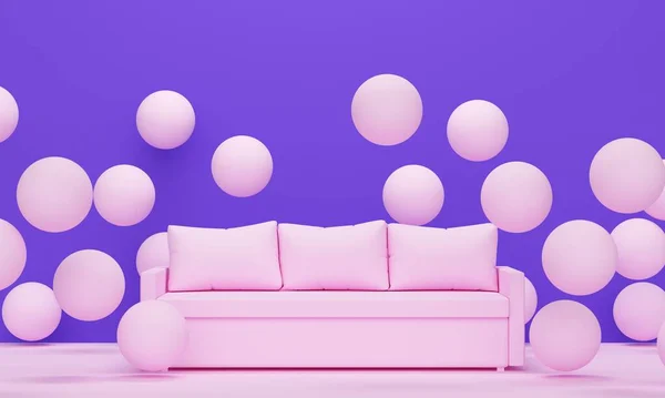 Interior Com Sofá Esferas Rosa Voadoras Projeto Pano Fundo Para — Fotografia de Stock