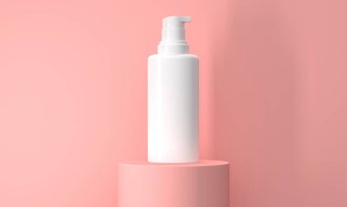 Silindirik pembe bir podyumda kozmetik için boş bir şişenin maketi. Uzay şablonunu kopyala. 3d oluşturma