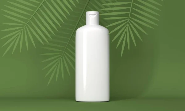 Порожня Пляшка Білого Шампуню Маскується Пальмовим Листям Зеленому Тлі Візуалізація — стокове фото