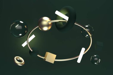 Soyut yeşil arka planda altın ve cam geometrik şekilli parlak lambalar. Ürün tanıtımı için fon tasarımı. 3d oluşturma