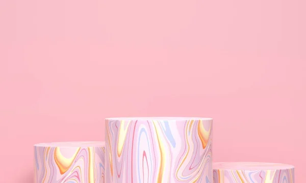 Several Marble Cylindrical Podiums Pink Background Minimalist Backdrop Design Product — Stock Photo, Image