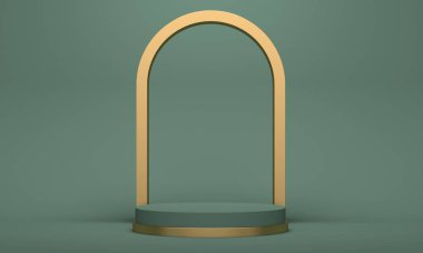 Yeşil arka planda altın kemerli kozmetik podyumu. 3d oluşturma