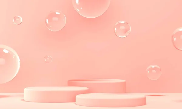 Three podiums for cosmetics on a pink background with transparent flying bubbles. 3d rendering — Stockfoto